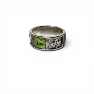 Fashion Ring Band Inlaid Abalone Raised Maple Leaf Panels Silver Tone Nature 7